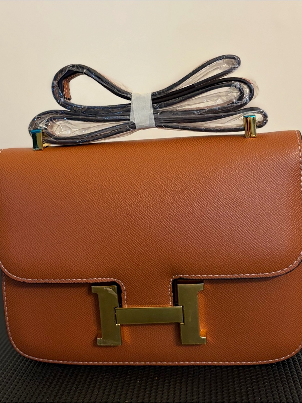 Tan Real Leather Shoulder/Crossbody Bag with Gold Hardware and H closure
